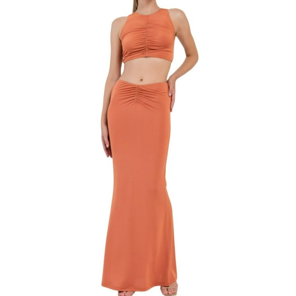KikiRiki Sleeveless Ruched Two Piece Maxi Dress Orange Size Medium NWT